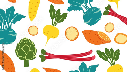 Colorful illustration of various vegetables on white background.