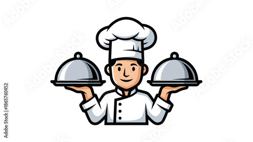 Cartoon chef holding two silver cloches, ready to serve a delicious meal.