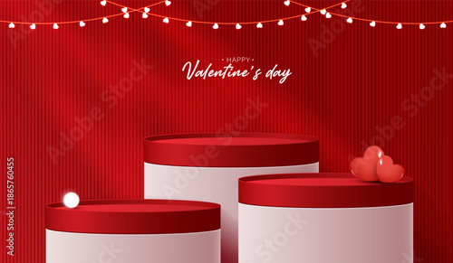 Red podium display background products for valentine’s day in love platform. stand to show cosmetic with craft style. symbols of love for happy. vector design