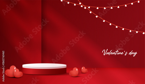 Red podium display background products for valentine’s day in love platform. stand to show cosmetic with craft style. symbols of love for happy. vector design