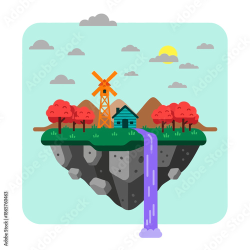 Floating island with windmill and waterfall in a serene landscape.