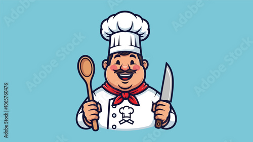 Cartoon Chef Holding Spoon and Knife Ready to Cook.
