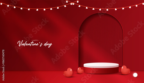 Red podium display background products for valentine’s day in love platform. stand to show cosmetic with craft style. symbols of love for happy. vector design