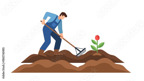 Man gardening with rake near a rose plant.