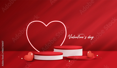Red podium display background products for valentine’s day in love platform. stand to show cosmetic with craft style. symbols of love for happy. vector design