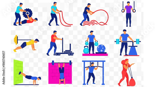 Collection of colorful fitness icons featuring people exercising.