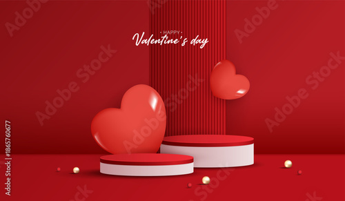 Red podium display background products for valentine’s day in love platform. stand to show cosmetic with craft style. symbols of love for happy. vector design
