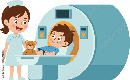 Cute Cartoon Child Undergoing MRI or CT Scan with Nurse and Teddy BearCute Cartoon Child Undergoing MRI or CT Scan with Nurse and Teddy Bear