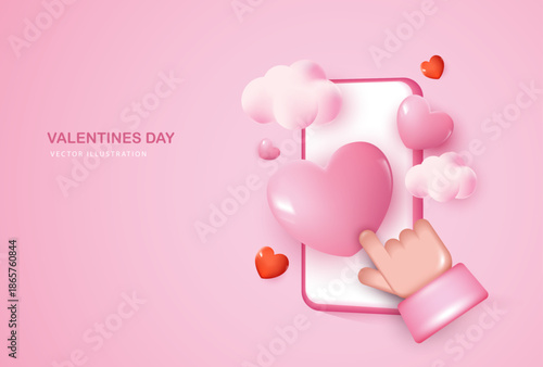 3D pink vector illustration of a smartphone with heart chat bubbles, clouds and love icons, representing social media likes, online dating, messaging, romance, love message on pink background.