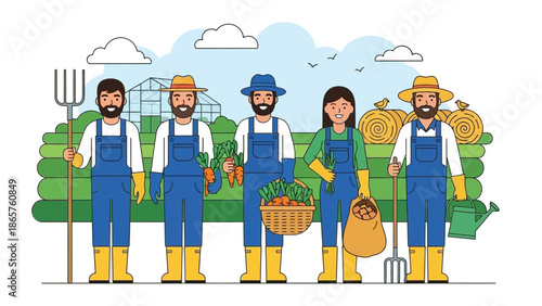 Group of farmers standing together in a lush green field.