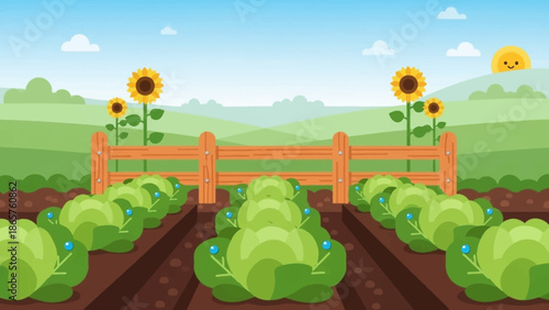 Serene vegetable garden with sunflowers and wooden fence.
