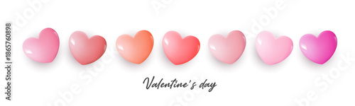 Valentine’s Day background with row of glossy pink and red heart shapes on white backdrop, romantic love concept for couples, wedding, anniversary, greeting card, banner, celebration and sweet.