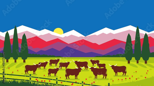 Cows grazing in a vibrant green meadow with mountains in the background.