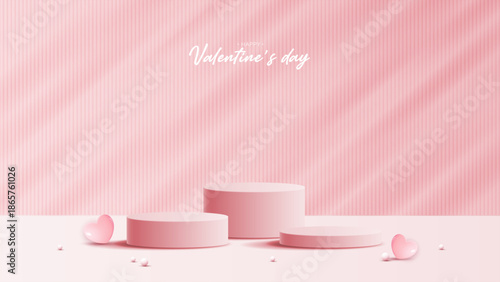 Pink podium display background products for valentine’s day in love platform. stand to show cosmetic with craft style. symbols of love for happy. vector design.