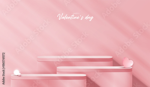 Pink podium display background products for valentine’s day in love platform. stand to show cosmetic with craft style. symbols of love for happy. vector design.
