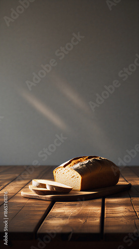 Freshly Baked Bread Loaf with Slices on a Rustic Wooden Table Baked Bread on a Rustic Wooden Dining