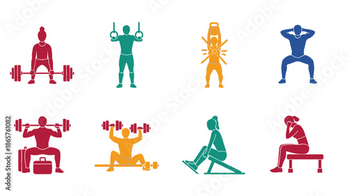 Colorful fitness icons depicting various exercise routines and poses.