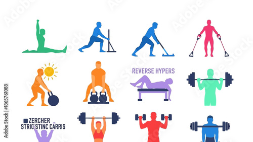 Colorful Silhouettes of People Exercising and Lifting Weights.