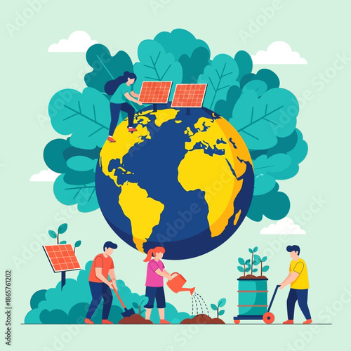 People working together to save the planet with renewable energy.