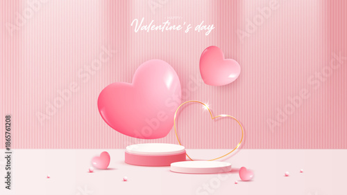 Pink podium display background products for valentine’s day in love platform. stand to show cosmetic with craft style. symbols of love for happy. vector design.