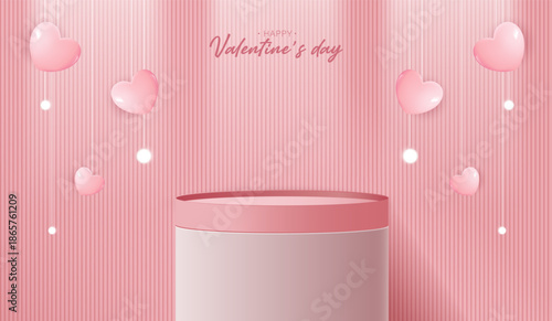 Pink podium display background products for valentine’s day in love platform. stand to show cosmetic with craft style. symbols of love for happy. vector design.