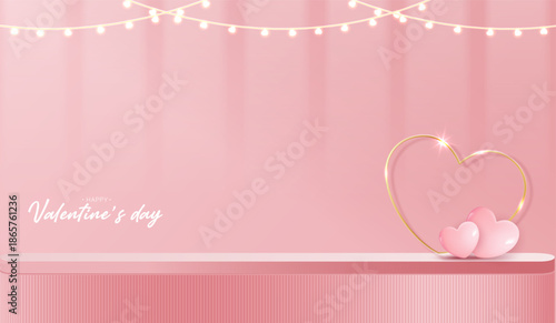 Pink podium display background products for valentine’s day in love platform. stand to show cosmetic with craft style. symbols of love for happy. vector design.