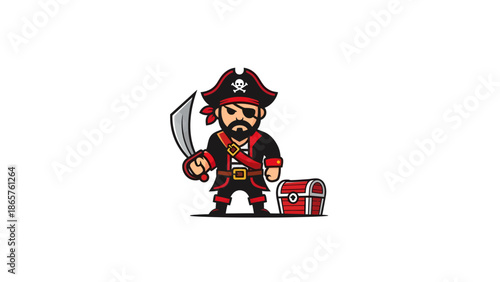Cartoon Pirate Character with Sword and Treasure Chest.