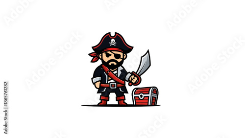 Cartoon Pirate Character with Treasure Chest and Sword.