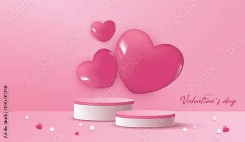 Pink podium display background products for valentine’s day in love platform. stand to show cosmetic with craft style. symbols of love for happy. vector design.