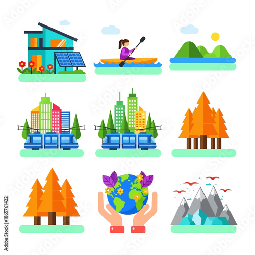 Eco-friendly icons representing sustainable living and nature conservation.