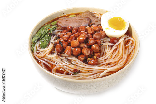 Spicy Chongqing Beef Noodle Soup with Egg and Peanuts