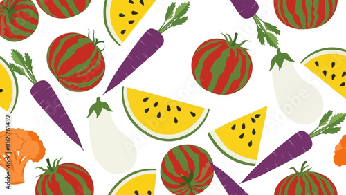 Colorful cartoon vegetables and fruits pattern on white background.