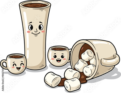 Cute Cartoon Coffee Cups and Spilled Hot Cocoa with Marshmallows Vector IllustrationCute Cartoon Coffee Cups and Spilled Hot Cocoa with Marshmallows Vector Illustration