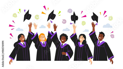 Diverse group of graduates celebrating academic achievement together.