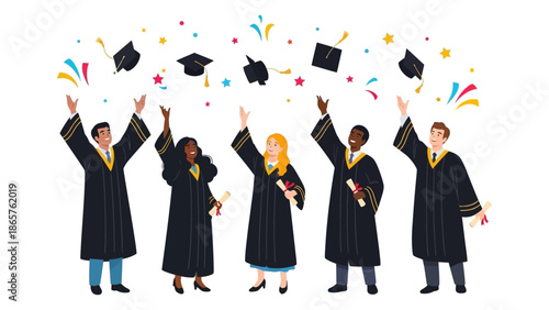 Group of Graduates Celebrating with Caps and Diplomas.