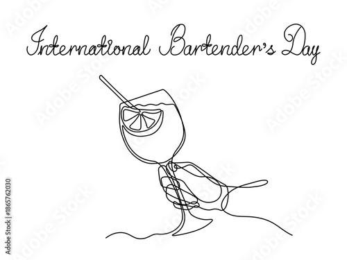 International Bartender's Day. Greeting card. Abstract hand with glass of Cocktail spritz aperol with straw, continuous single one line art hand drawing sketch logo on white background
