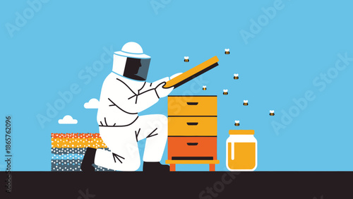 Beekeeper in protective suit inspecting beehive with smoker.