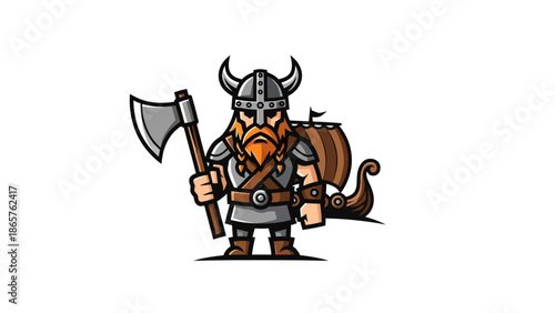 Cartoon Viking Warrior Holding Axe with Longboat.