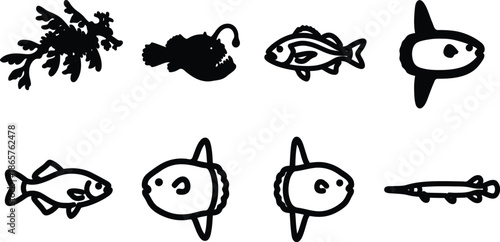 black and white fish and seaweed illustrations on white background