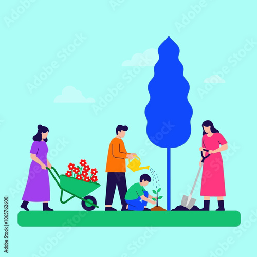 Group of people planting a tree together in a garden.