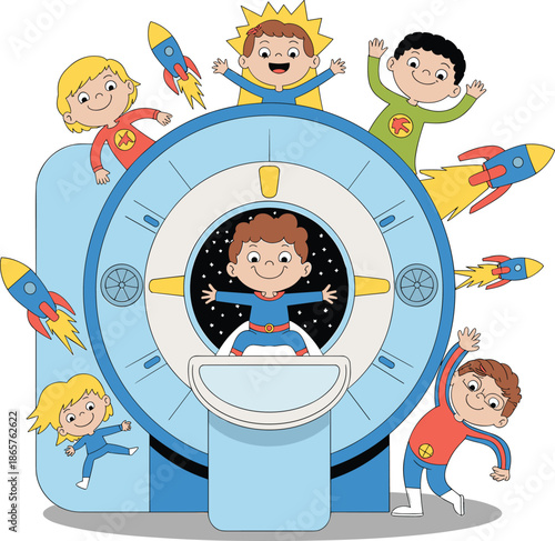 Cute Cartoon Kids Playing Around a Space-Themed MRI Scanner Vector Illustration