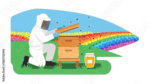 Beekeeper in protective suit inspecting beehive in a colorful flower field.
