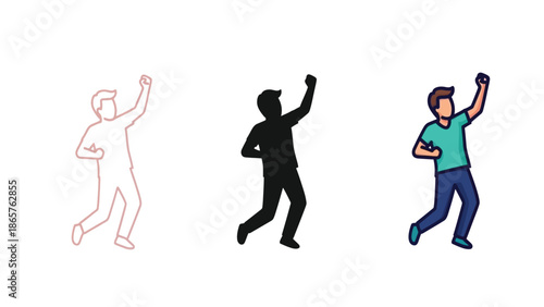 Man celebrating with raised fist, set of three styles outline, silhouette and full color illustration