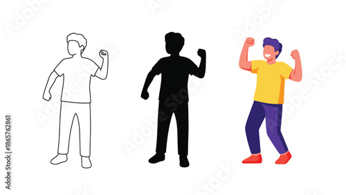 Set of three illustrations of a happy man celebrating, including outline, silhouette and full color versions