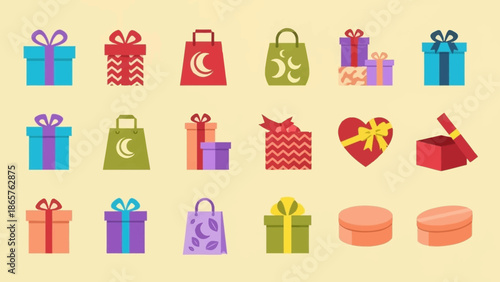 Colorful gift boxes and shopping bags illustration set.