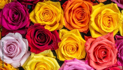 A beautiful bouquet of colorful pink and red roses creates a romantic floral background perfect for a Valentine gift or wedding anniversary celebration of nature and love