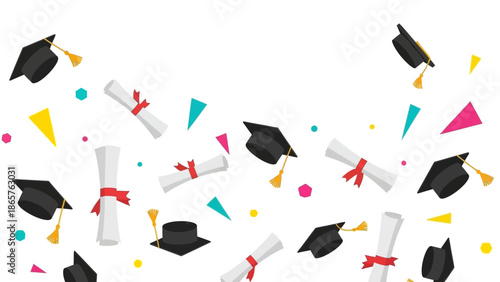 Graduation caps and diplomas falling with colorful confetti.