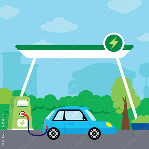 Electric vehicle, electric car charging station flat design, charge electric car
