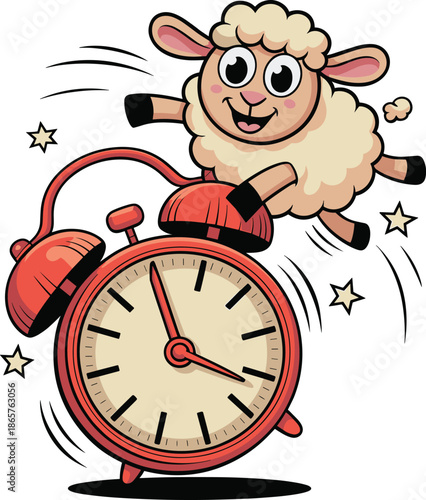 Cute Cartoon Sheep Jumping Over a Ringing Alarm Clock Illustration