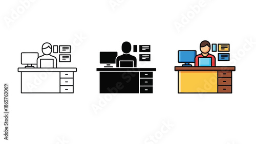 Set of three icons representing a receptionist or office worker at a desk with a computer, shown in outline, solid and color styles